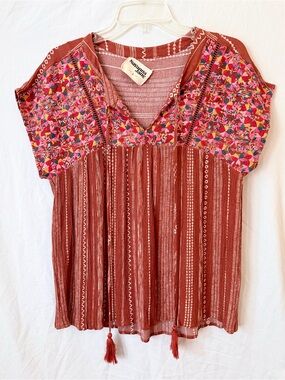 Savanna Jane Rust Embroidered Floral Campus Style Blouse Tassels